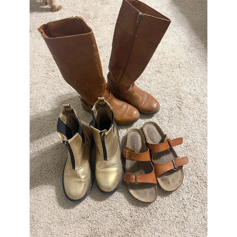 Girls Footwear Bundle Cat & Jack Brown Riding Boots Gold Chelsea Boots Sandals 2